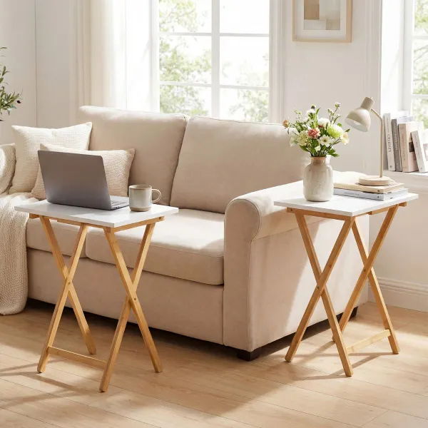 Conjunto 2 Mesas Plegáveis Bambu TV Sofá Portátil Espaços Pequenos Branco