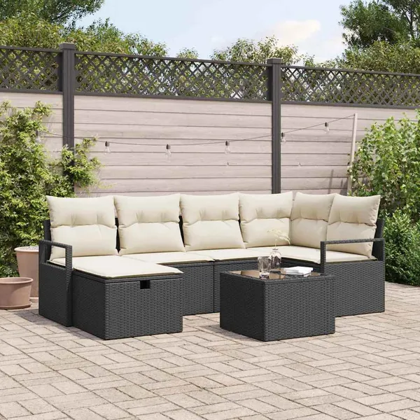 Conjunto de Sofás com almofada 7 pcs Preto e Creme vime PE