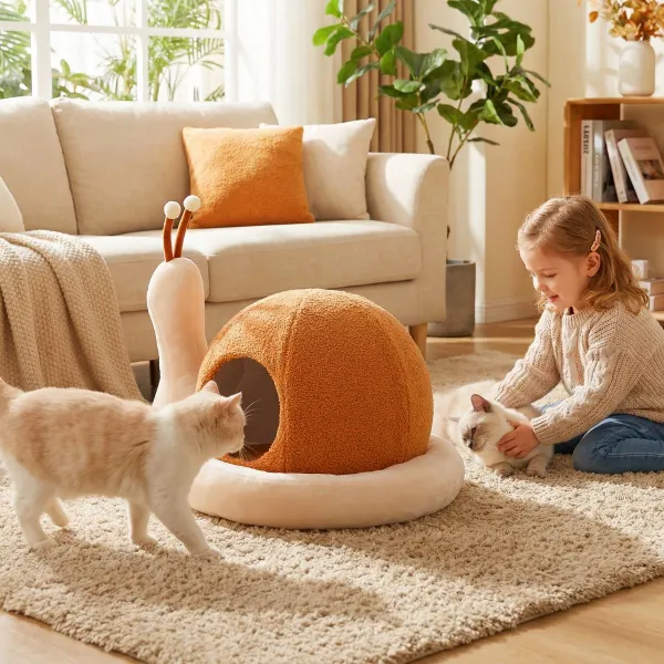 Cama para Gatos de Interior en Forma de Caracol 2 en 1 con Cojín Extraíble y Lavable Base Antideslizante para Perros Pequeños y Cachorros
