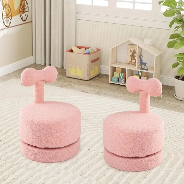 Conjunto 2 Cadeiras Giratórias Infantis Veludo Teddy Rosa com Encosto Lacinho