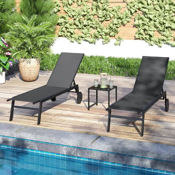 Ensemble 2 Pièces Transats Patio Fauteuil Inclinable Tissu Respirant Table Verre Trempé Dossier Réglable Roulettes