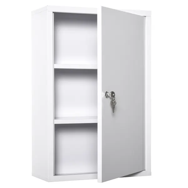 Armário Farmácia de Parede de Armário para Medicamentos de Metal com 3 Prateleiras de Armazenamento e Fechadura com 2 Chaves para Casa de Banho Cozinha 40x18x60cm Branco