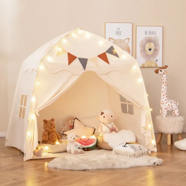 Carpa para Niños Portátil Tienda para Cama Infantil con Banderines y Luces de Cadena Casa de Juegos Grande para Niños de 3-12 Años