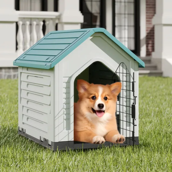 Casota para Cães Azul Escuro com Porta Metálica Fechável e Tecto Inclinado 66,5x52x60 cm