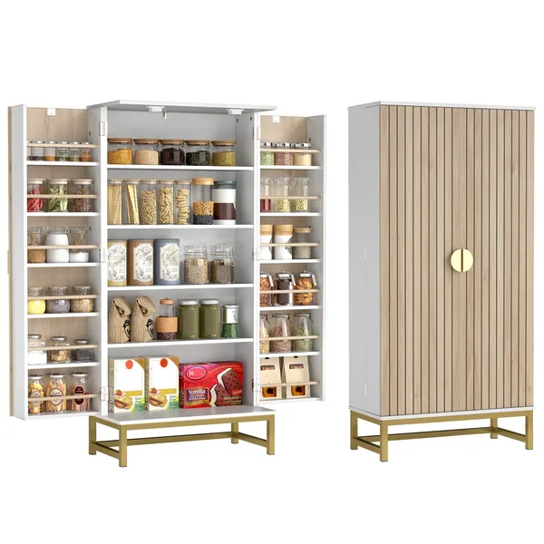 Armário de Cozinha Armário Despensa de Cozinha com 2 Portas e 12 Compartimentos Design Moderno com 5 Prateleiras Ajustáveis Base de Aço 58x29x119,5 cm Branco
