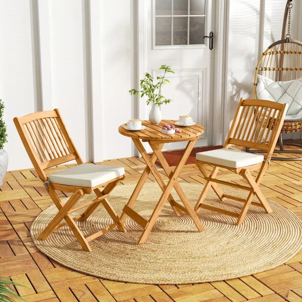 Ensemble Bistro de Patio Pliable en Bois d'Acacia avec Coussins Confortables