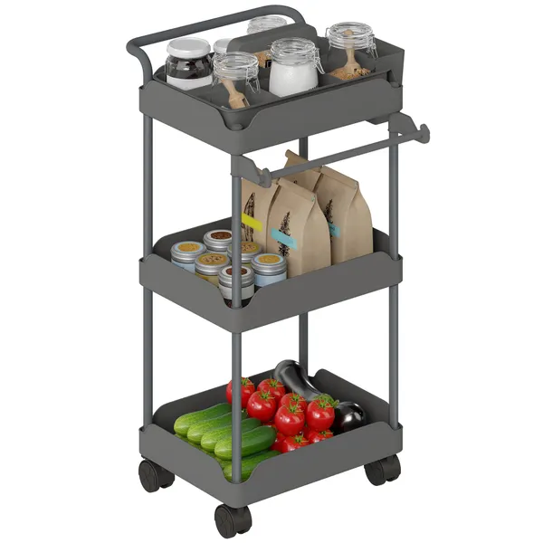 Carrinho Auxiliar com Rodas de 3 Níveis Carrinho de Cozinha com Cestos Extraíveis Rodas com Travão Suporte para Toalhas e Estrutura de Metal Carrinho de Serviço para Casa de Banho 42x42,5x76 cm Cinza