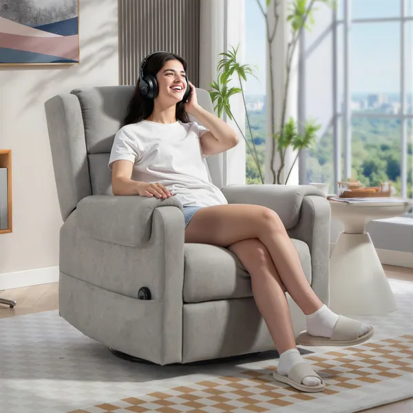 Poltrona Relax Reclinable Eléctrica Giratoria y Basculante con apoyo a los Pés Ajustable Control Remoto Acolchoamiento Espesso Tejido Chenille para Cuarto Sala de Estar 86x89x99 cm Cinzento Claro