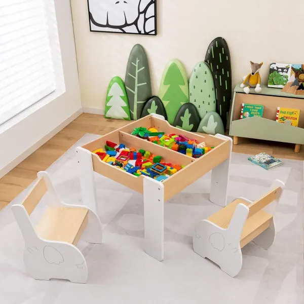 Conjunto Mesa e Cadeiras Infantil 3 Peças com Armazenamento e Quadro Removível