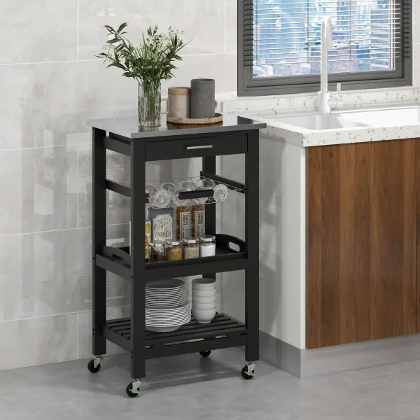 Chariot de Cuisine 4 Niveaux Îlot Roulant Plateau Acier Inoxydable Tiroir 47x39x85cm