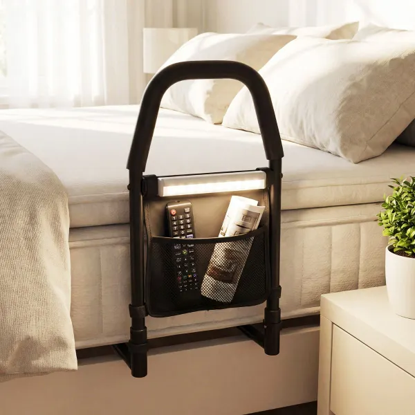Barra de Cama para Idosos com Luz Sensor Movimento e Bolsa Arrumação Preta