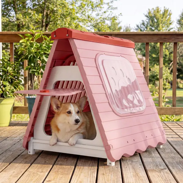 Casa Plegable Plástico Impermeable Perros Puerta Bloqueable Ventanas Rosa