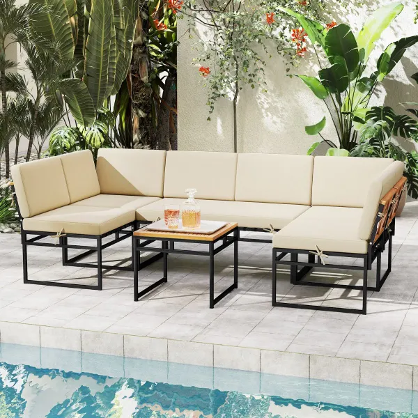 Ensemble Extérieur 6 Pièces Métal et Bois Acacia avec Coussins et Table Basse Beige