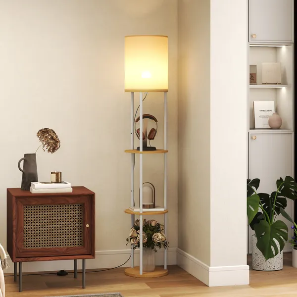 Candeeiro de Pé com Prateleiras Candeeiro com 3 Temperaturas de Cor Controlo Remoto Casquilho E27 para Sala de Estar Quarto Escritório Ø29x158 cm Madeira