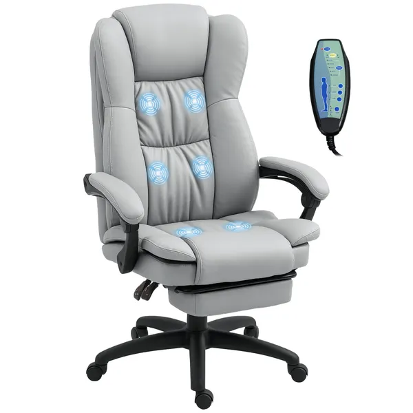 Cadeira de Escritório Giratória Cadeira de Escritório com Altura Ajustável 6 Pontos de Massagem Controle Remoto e Apoio para os Pés Retrátil 68,5x68,5x113-121 cm Cinza