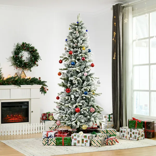 Árvore de Natal Ø95x210cm Neve Artificial com 784 Pontas de Ramos Ignífugos e Suporte de Aço Decoração de Natal para Interiores Verde e Branco