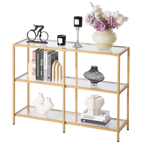 Mesa Consola Vidro 3 Níveis Pernas Ferro Dourado