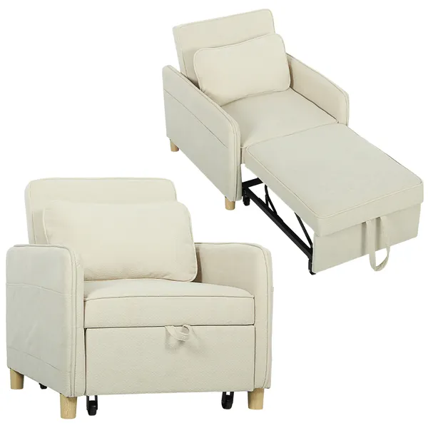 Poltrona Cama de 1 Lugar 3 em 1 Poltrona Cama Dobrável Estofado em Veludo Ecológico com Encosto Ajustável 3 Níveis 6 Bolsos Laterais e Almofada para Quarto Sala 74x85,5x82 cm Bege