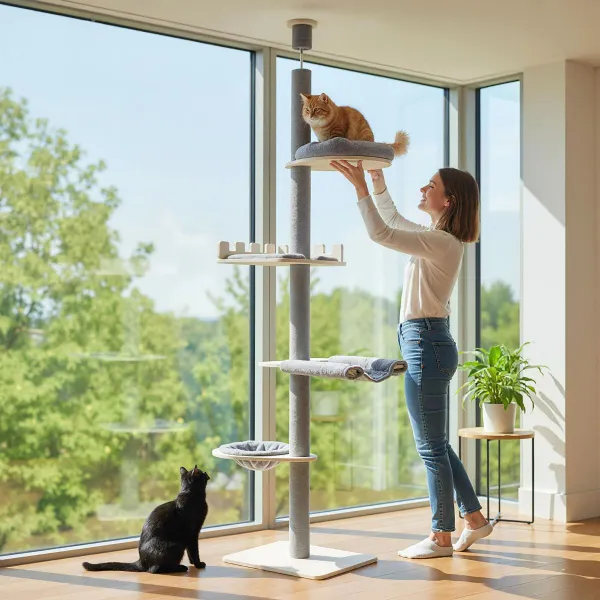 Albero per Gatti da Pavimento a Soffitto 5 Livelli Torre Regolabile 236-271 cm Legno con Letto Cesto Grigio