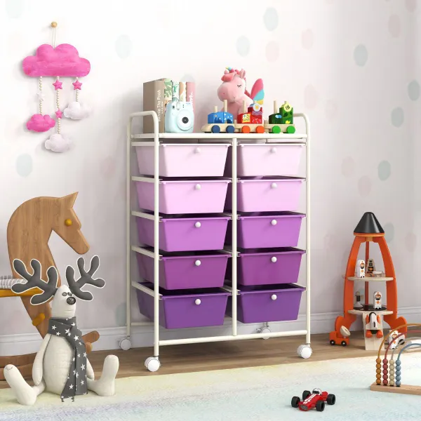 Chariot de Rangement Mobile avec 10 Tiroirs Organisateur Multifonction 65,5 x 37 x 87 cm