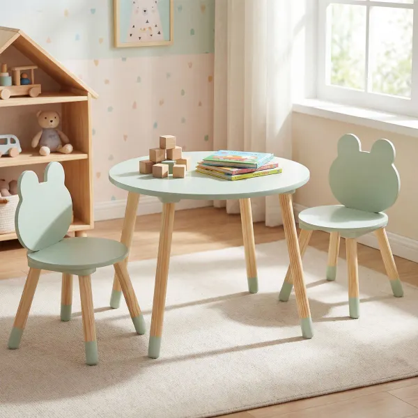 Ensemble Table et Chaises Enfant Forme Grenouille Pieds Bois pour Classe Garderie Maison 3+ Ans Vert