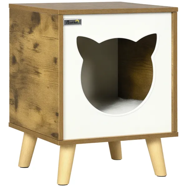 Casa de Madeira para Gatos Casa para Gatos Interior Caverna para Gatos com Almofada Lavável e Pés Elevados 34x34x44, cm Marrom