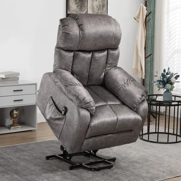 Poltrona Levanta Personas estofadas en Veludo con Reclinación Eléctrica 135° Control remoto Apoyo a los Pés y 2 Bolsos Laterais 83x91x100 cm gris