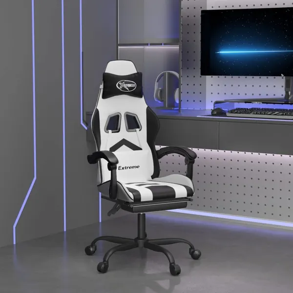 Cadeira gaming giratória c/ apoio pés couro artif. branco/preto