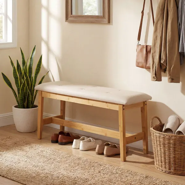 Banco Estofado 100cm Botões Asiento Couro Artificial Estrutura Bambu Beige