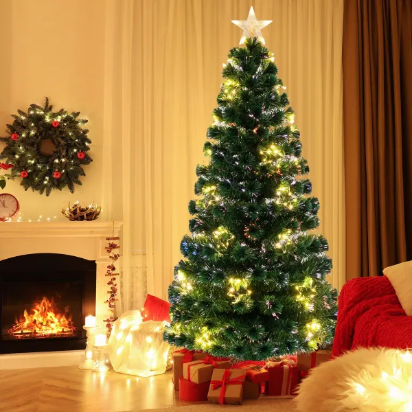 Árvore de Natal Artificial Fibra Óptica 120/150/180 cm Pré-Iluminada com Luzes Ajustáveis