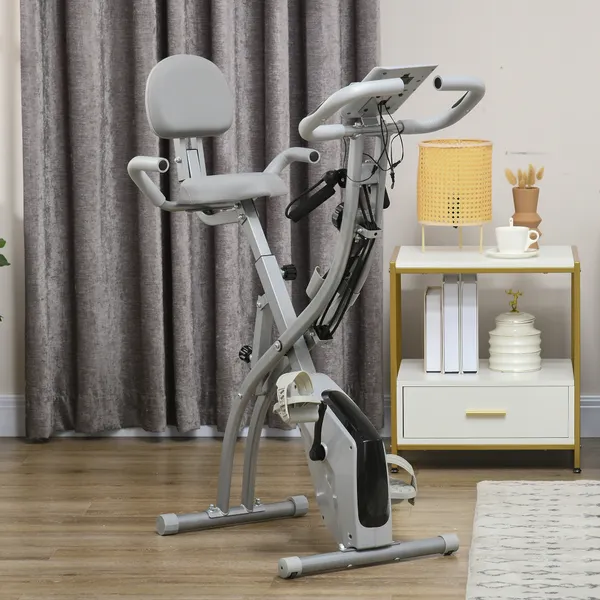 Bicicleta Estática Dobrável com Altura e Resistência Ajustáveis com Tela LCD e Assento com Encosto 51x97x115cm Cinza