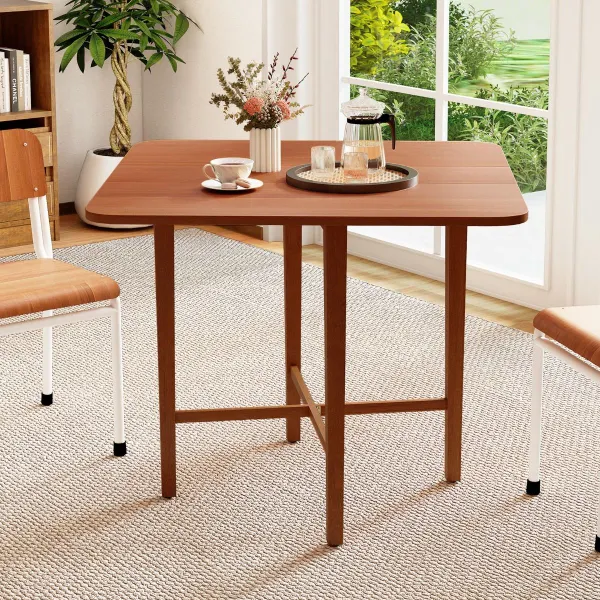Mesa de Comedor Cuadrada de Madera con 2 Paneles Abatibles Patas de Madera Maciza de Caucho para Sala de Estar Nuez