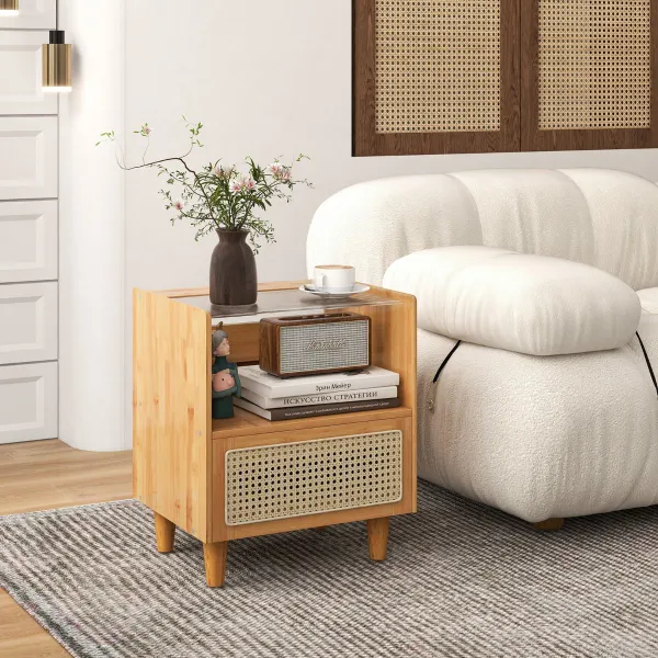 Mesa de Cabeceira de Bambu e Rattan com Gaveta e Pés de Madeira Maciça 43x35x50cm