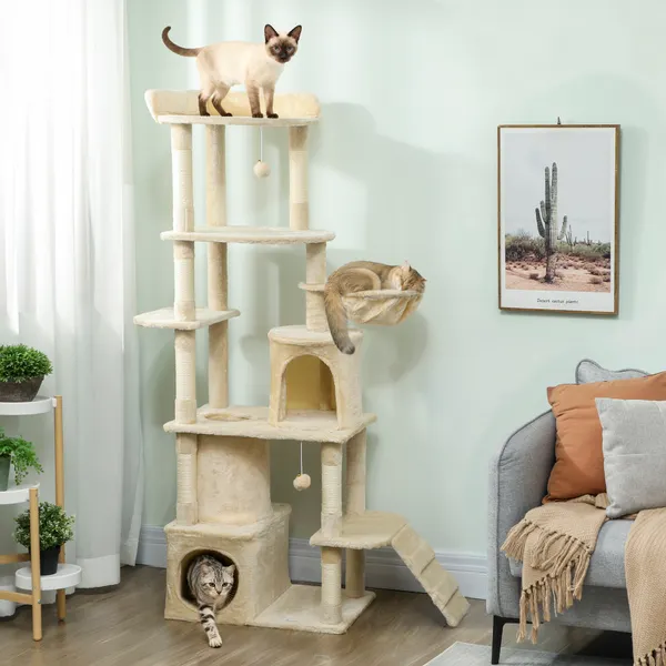 Inicio para gatos gran altura 170 cm Torre de Escalada con 7 Postes 1 Tunel 3 Plataformas 2 Cuevas 1 Red 1 Poleiro 1 Rampa Pompons Bege