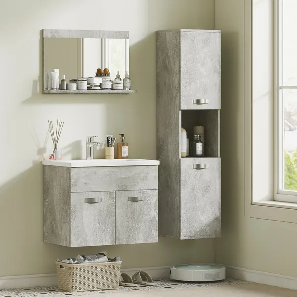 Conjunto de Móveis para Casa de Banho de Parede 3 Peças Inclui Espelho com Prateleira Móvel com Lavatório Cerâmico e Coluna de Casa de Banho Estilo Moderno Cinza