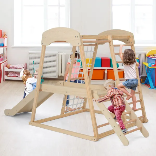 Parque Infantil Interior 6 em 1 com Escada, Corda, Tobogã e Barras de Madeira