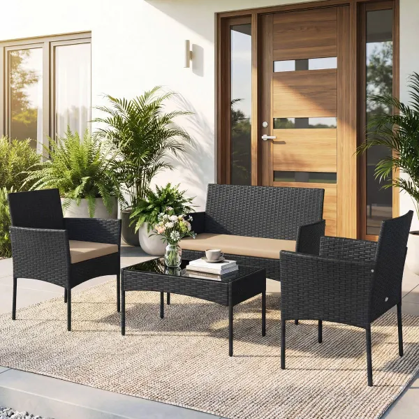 Ensemble Salon de Jardin 4 Pièces Rotin 2 Fauteuils Canapé 2 Places Table Basse Coussin Mousse Terrasse Patio