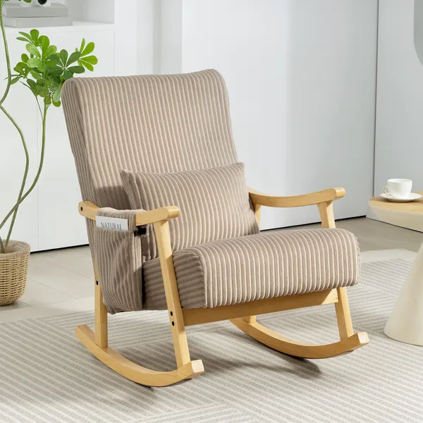 Cadeira de Baloiço, Cadeira de Veludo Cotelê com Almofada Lombar, Pernas e Apoios de Braço em Madeira, Assento Largo, Bolso Lateral, Estilo Moderno, Cadeira de Relaxamento, Suporte até 120 kg, para Quarto, Sala, Castanho Claro