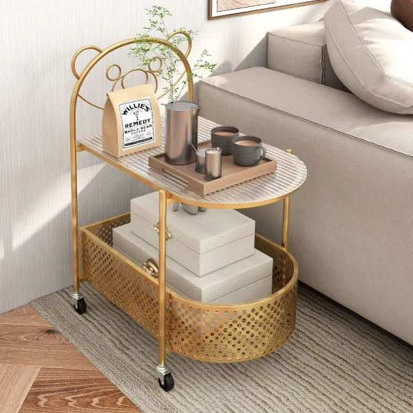 Mesa de Café de Cristal Móvil de 2 Niveles con Patrón de Oso y Cesta de Metal