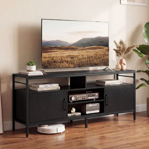 Móvel TV até 65" com 2 Armários e 4 Prateleiras Abertas Madeira Patas Metal Preto