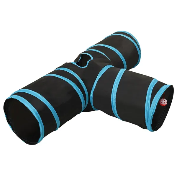 Túnel para gatos 3 vias 90 cm poliéster preto e azul
