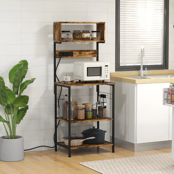 Estante de Cozinha Estante para Micro-Ondas Móvel Auxiliar de Cozinha com Ficha 2 Carregadores USB 5 Ganchos e Prateleira Ajustável 60x42x153 cm Marrom Rústico