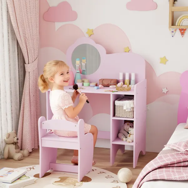 Toucador para Crianças com Banco e Espelho em Forma de Flor Toucador para Meninas com Compartimentos Abertos Mesa de Maquilhagem para Crianças de 3-8 Anos 70x39x92,5 cm Roxo