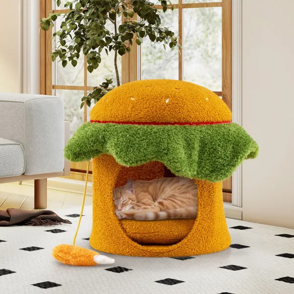 Casa per Gatti con Piattaforma Imbottita, Giocattolo Sospeso e Cuscino Lavabile