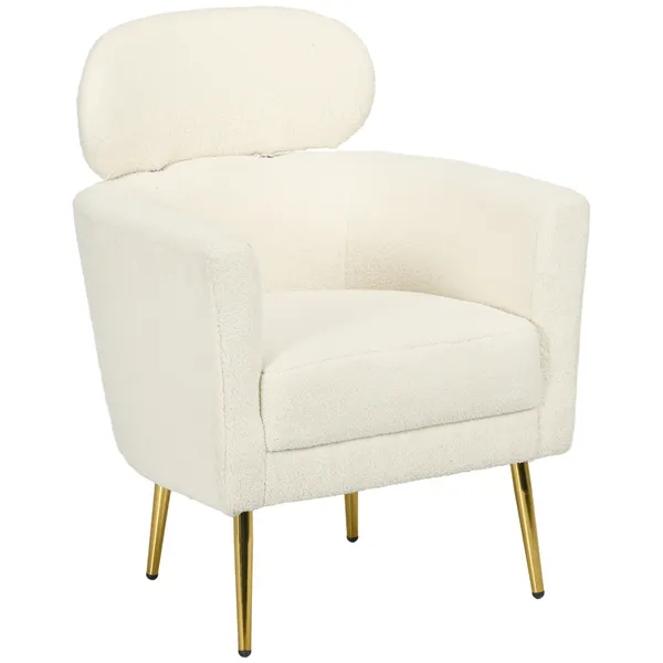 Poltrona Sala de Estar Individual Estofada com Apoio para a Cabeça e Pés de Metal para Dormitório Escritório Carga Máxima 125 kg 71x65x90 cm Creme