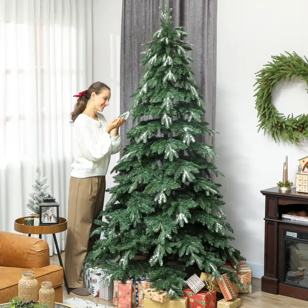 Árvore de Natal Artificial 210 cm Ramos Realistas com Efeito Neve Árvore de Natal com Suporte em Aço Base Dobrável Montagem Rápida Decoração de Natal para Casa Festa Verde