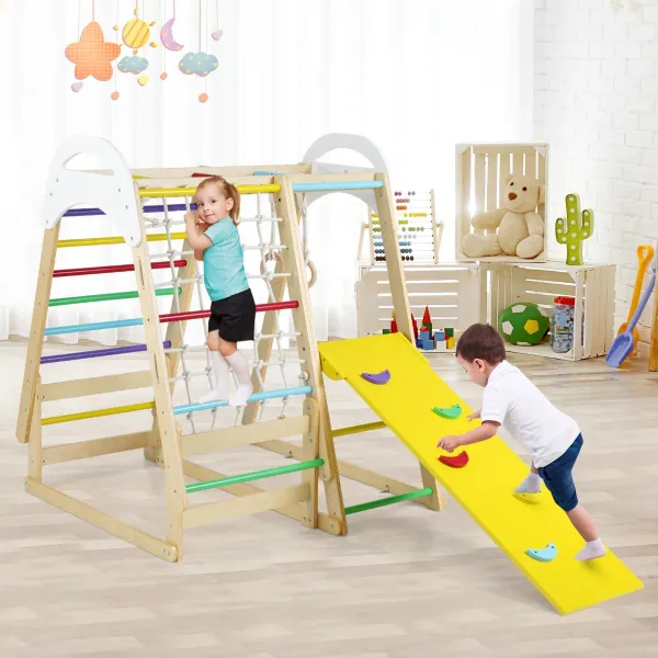 Jungle Gym Intérieur 6 en 1 Bois avec Toboggan Barres Anneaux Filet Escalier Tente Multicolore