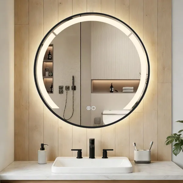 60 cm Espejo de Baño LED Redondo con Función Antivaho, 3 Colores de Luz y Marco de Aluminio Negro