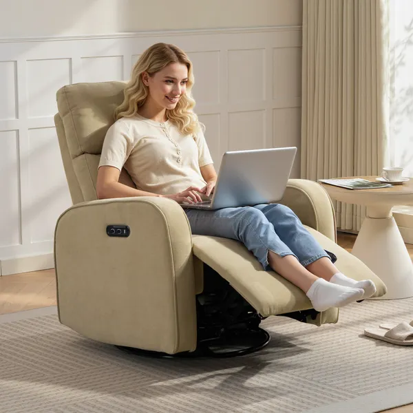 Poltrona Relax Reclinable Eléctrica con Motor Doble, Poltrona de Chenille Giratoria y Balance con Apoyo de Cabeza Ajustable, Puertas USB y USB-C, Apoyo a los Pés, Botones Iluminados, Bege