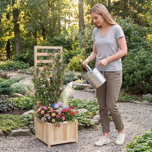 Bac de Jardin Surélevé en Bois avec Treillis pour Plantes Grimpantes